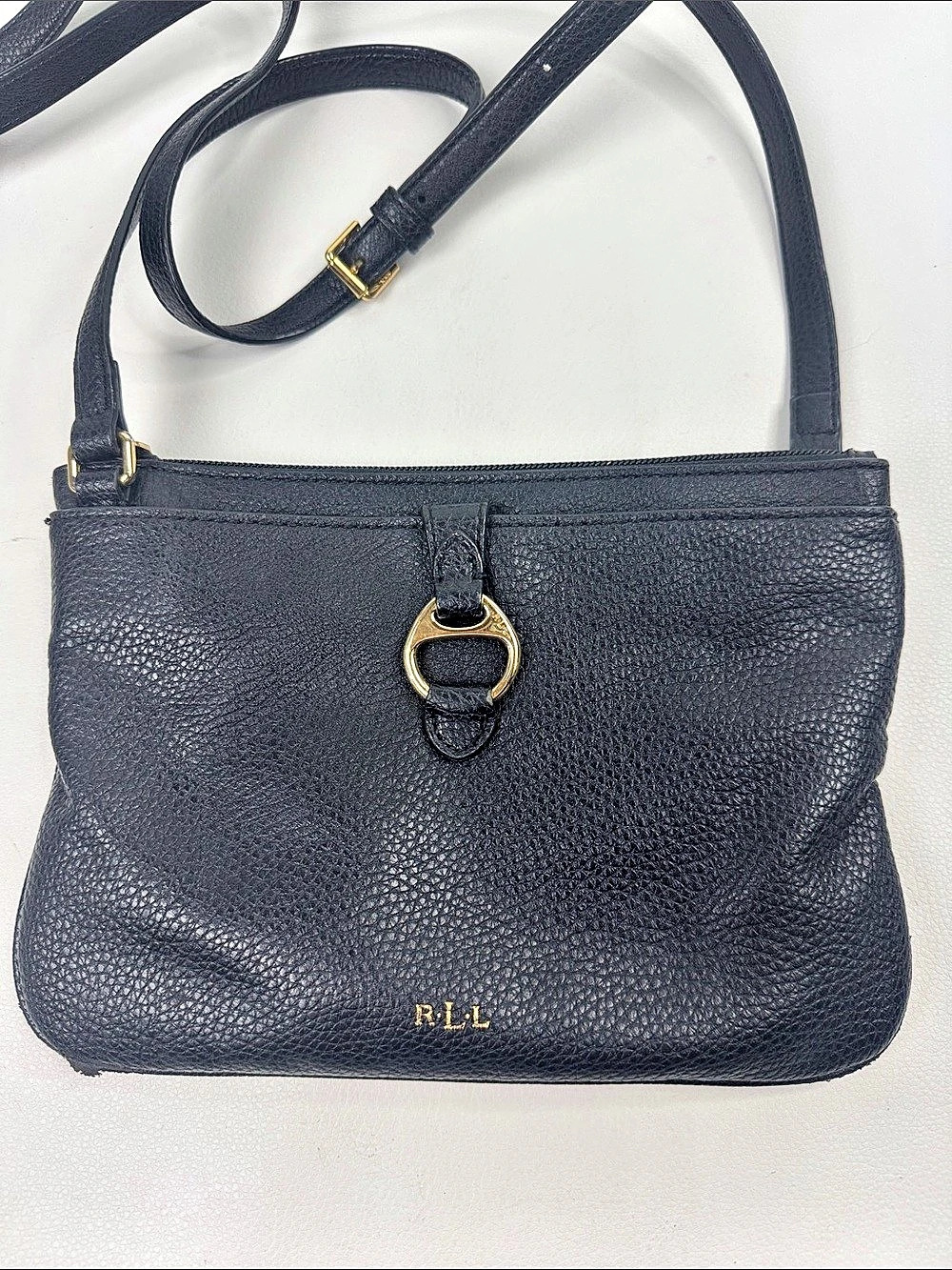 Lauren Ralph Lauren Black Crossbody Bag Gold Accent Logo Lined Adjustable